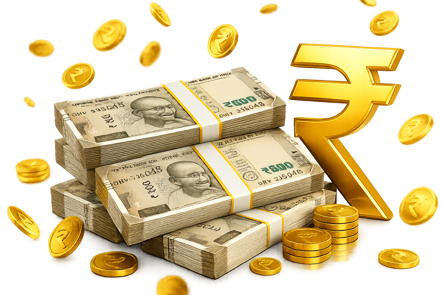 3D rupee, coins and Indian currency bundles